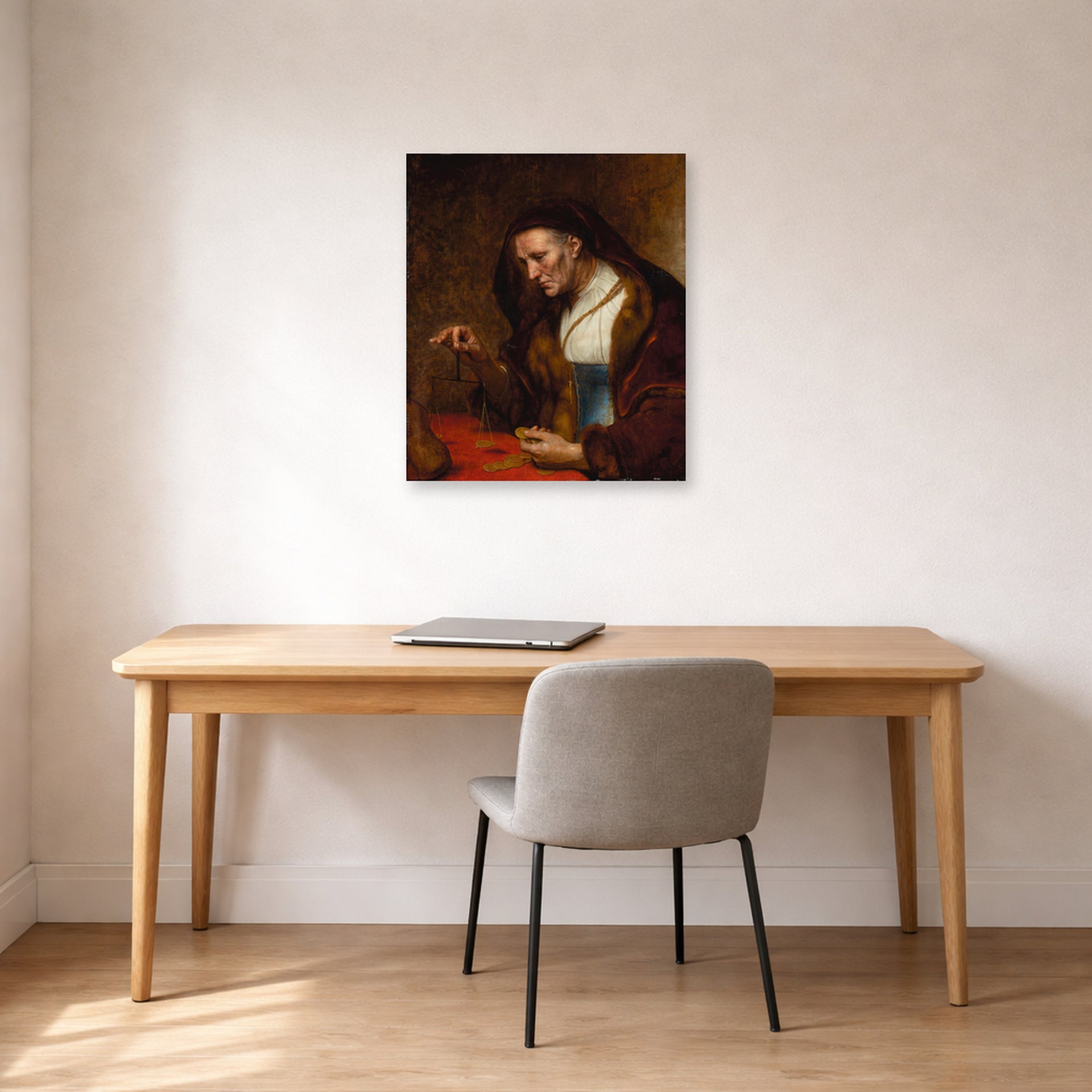 Unframed poster print of Rembrandt's An Old Woman Weighing Gold Coins displayed on a wall in an office