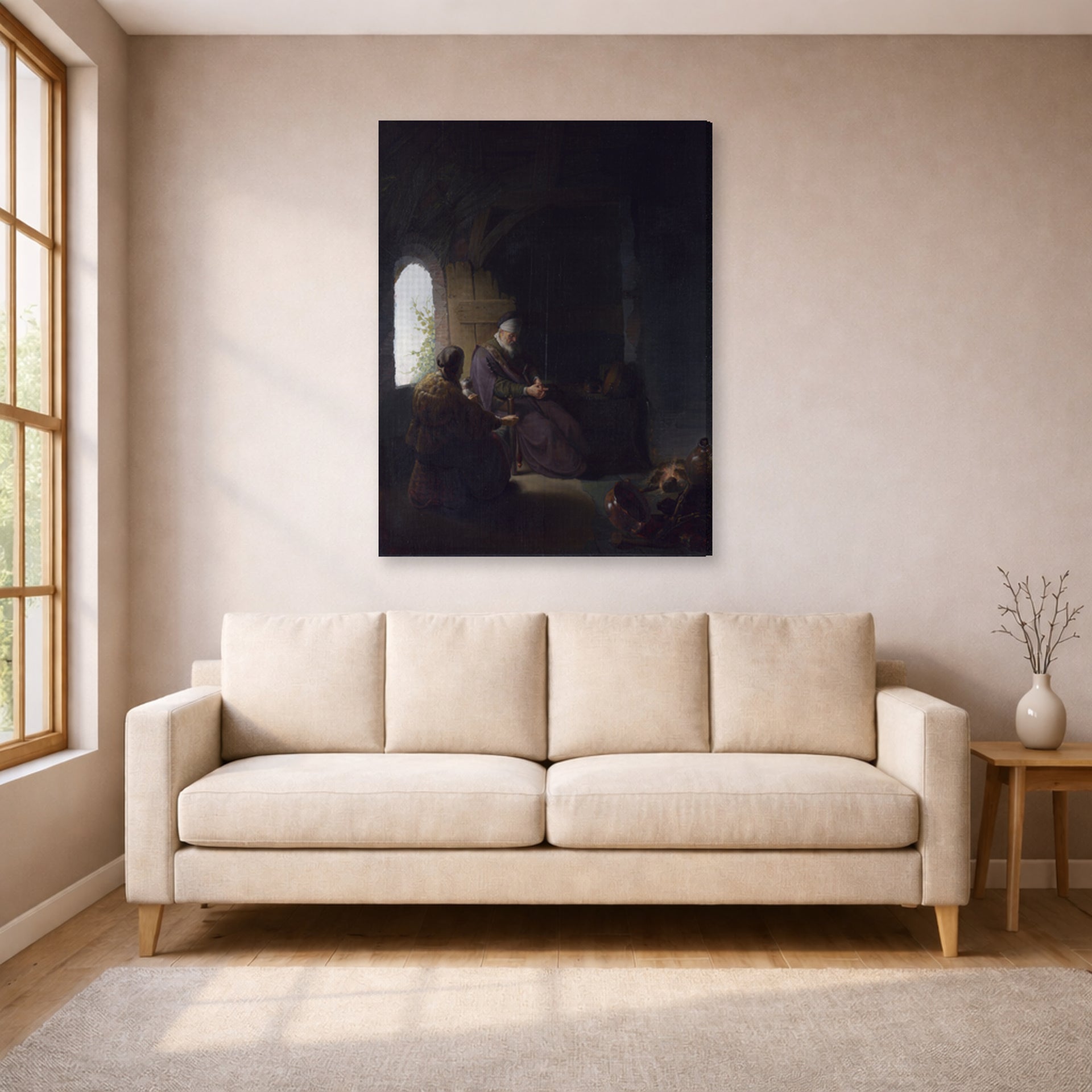Gallery-wrapped canvas print of Rembrandt's Anna and the Blind Tobit displayed on a wall in a living room