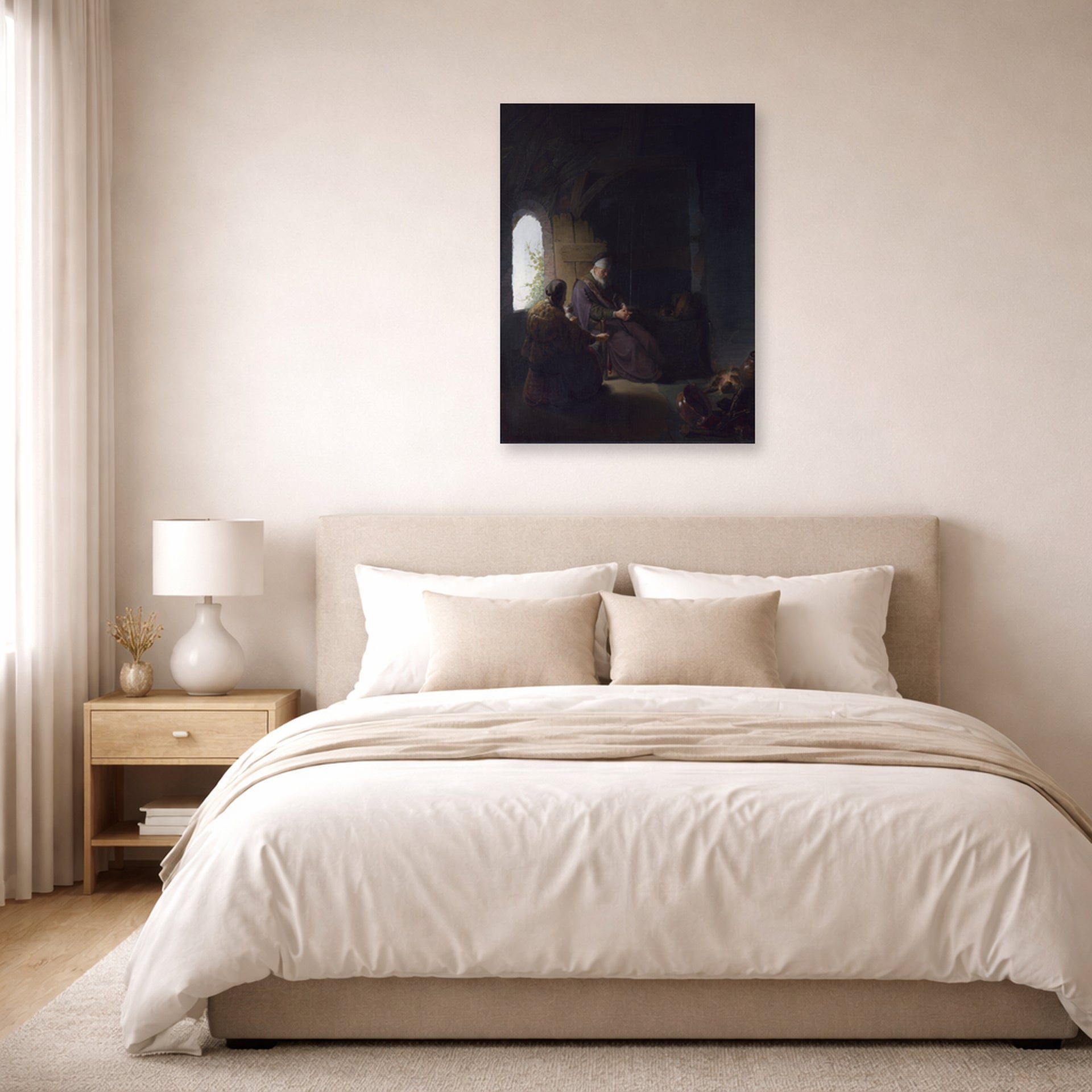 Unframed poster print of Rembrandt's Anna and the Blind Tobit displayed on a wall in a bedroom