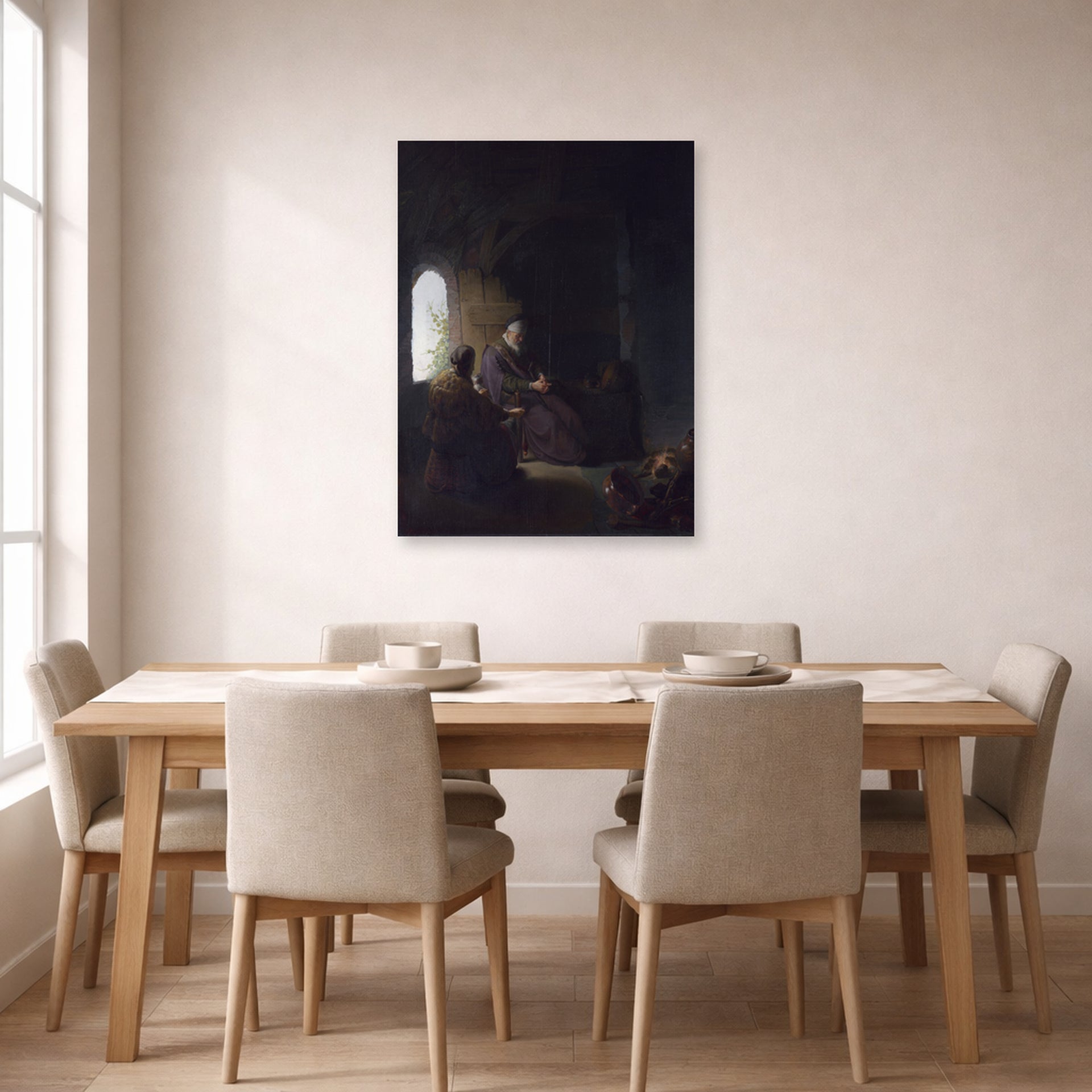 Unframed poster print of Rembrandt's Anna and the Blind Tobit displayed on a wall in a dining room