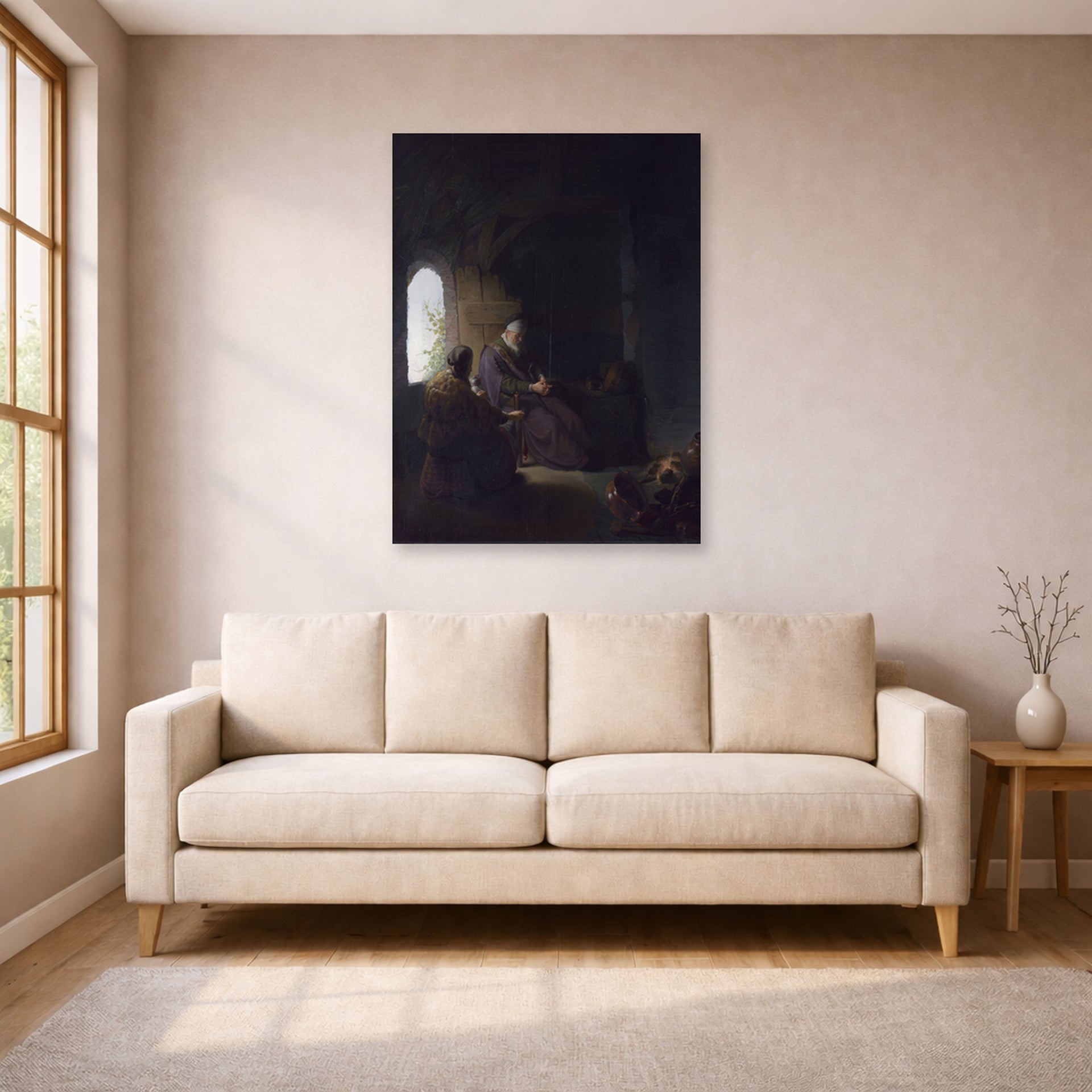 Unframed poster print of Rembrandt's Anna and the Blind Tobit displayed on a wall in a living room
