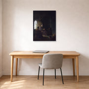Unframed poster print of Rembrandt's Anna and the Blind Tobit displayed on a wall in an office