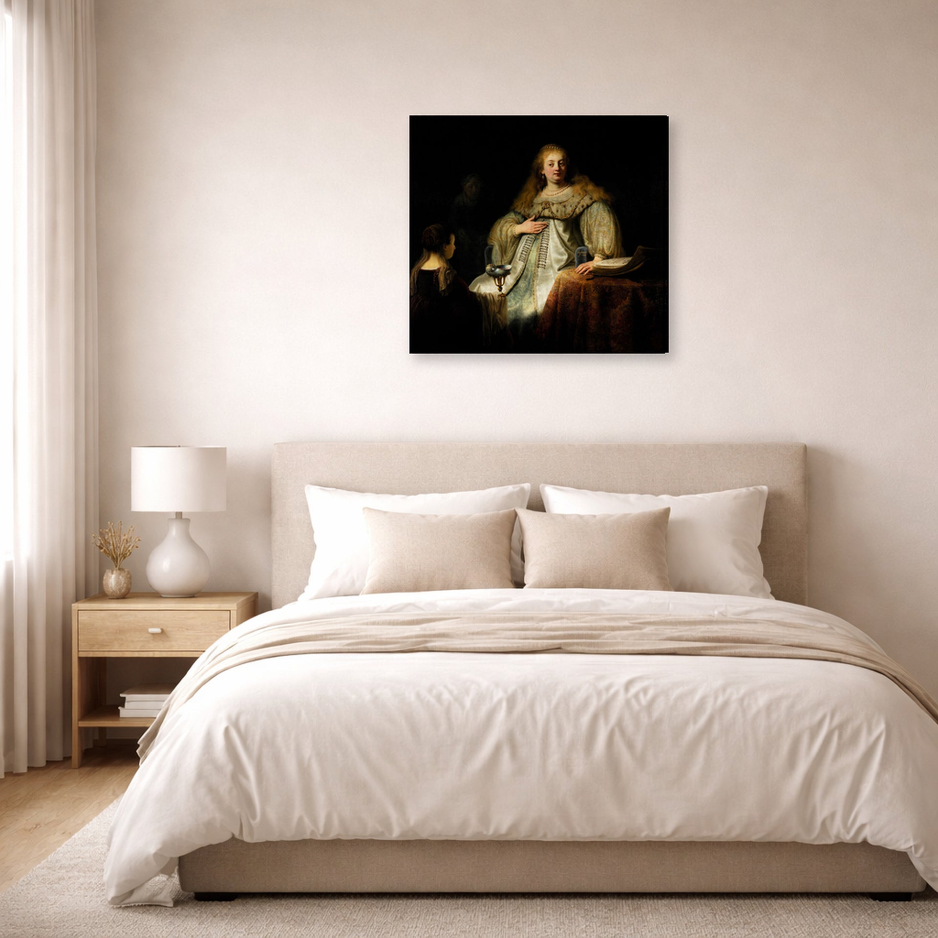 Gallery-wrapped canvas print of Rembrandt's Artemisia displayed on a wall in a bedroom