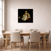 Gallery-wrapped canvas print of Rembrandt's Artemisia displayed on a wall in a dining room