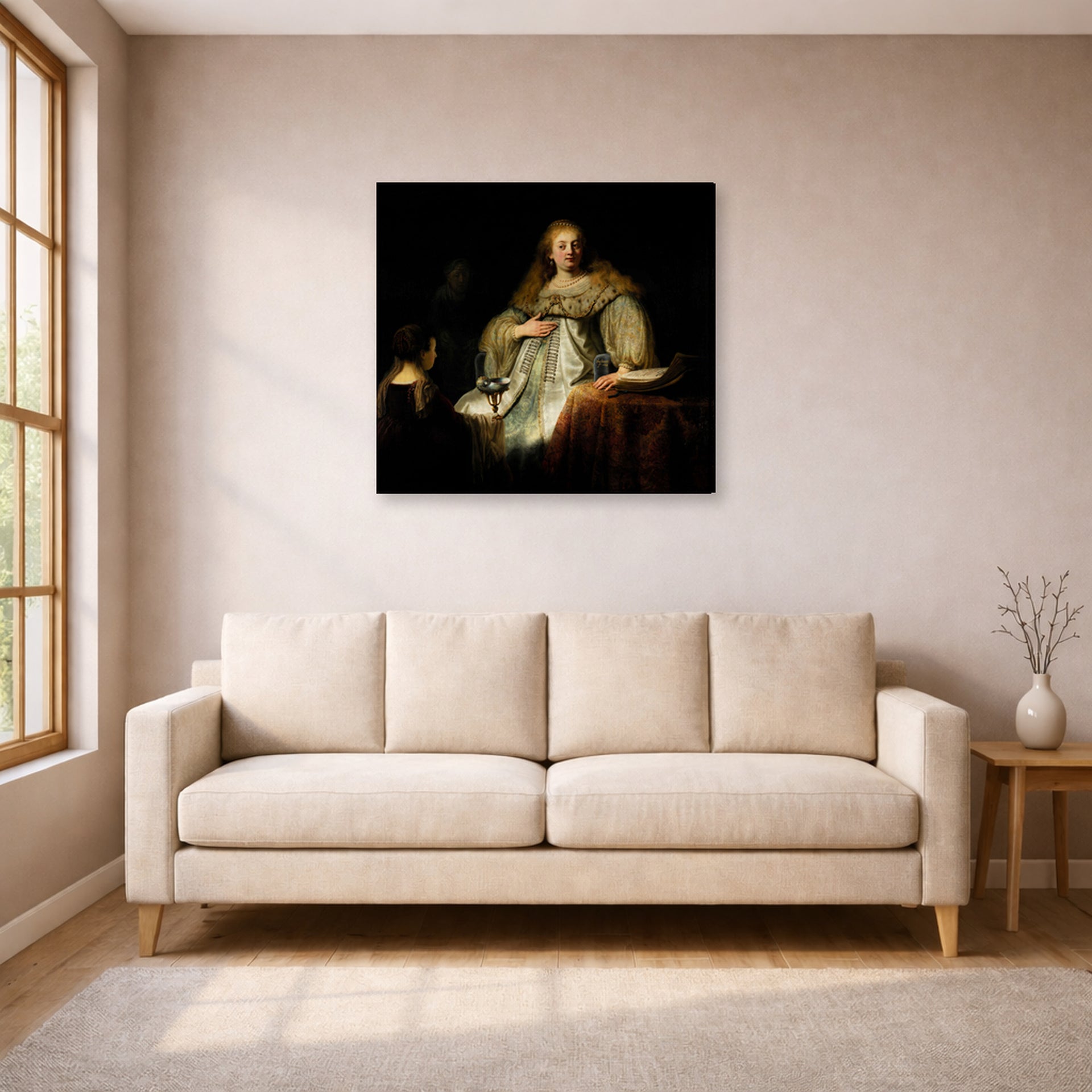 Gallery-wrapped canvas print of Rembrandt's Artemisia displayed on a wall in a living room
