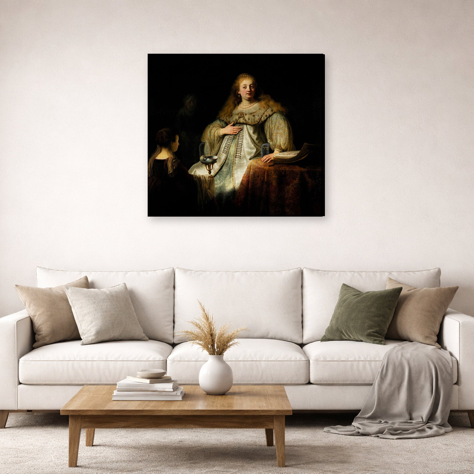 Gallery-wrapped canvas print of Rembrandt's Artemisia displayed on a wall in a living room
