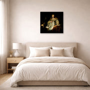 Unframed poster print of Rembrandt's Artemisia displayed on a wall in a bedroom