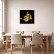Unframed poster print of Rembrandt's Artemisia displayed on a wall in a dining room