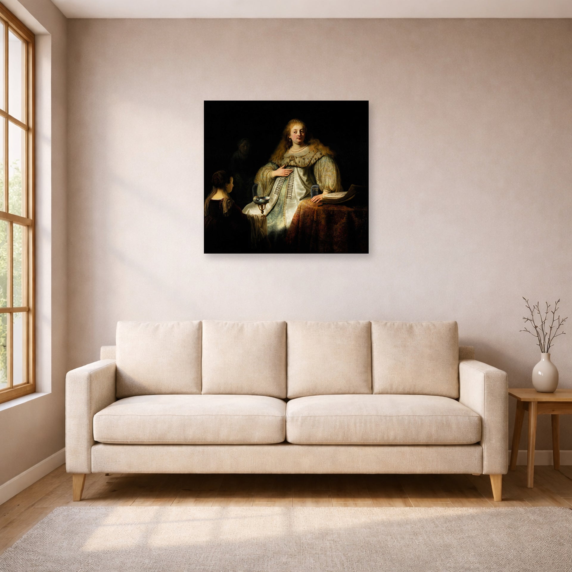 Unframed poster print of Rembrandt's Artemisia displayed on a wall in a living room