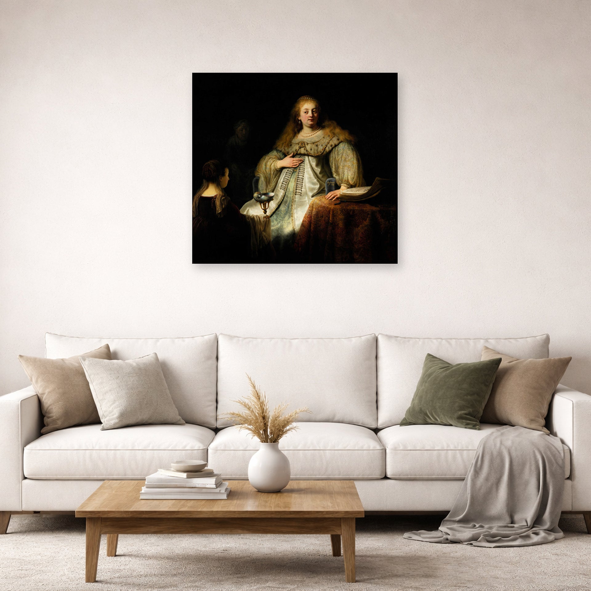 Unframed poster print of Rembrandt's Artemisia displayed on a wall in a living room