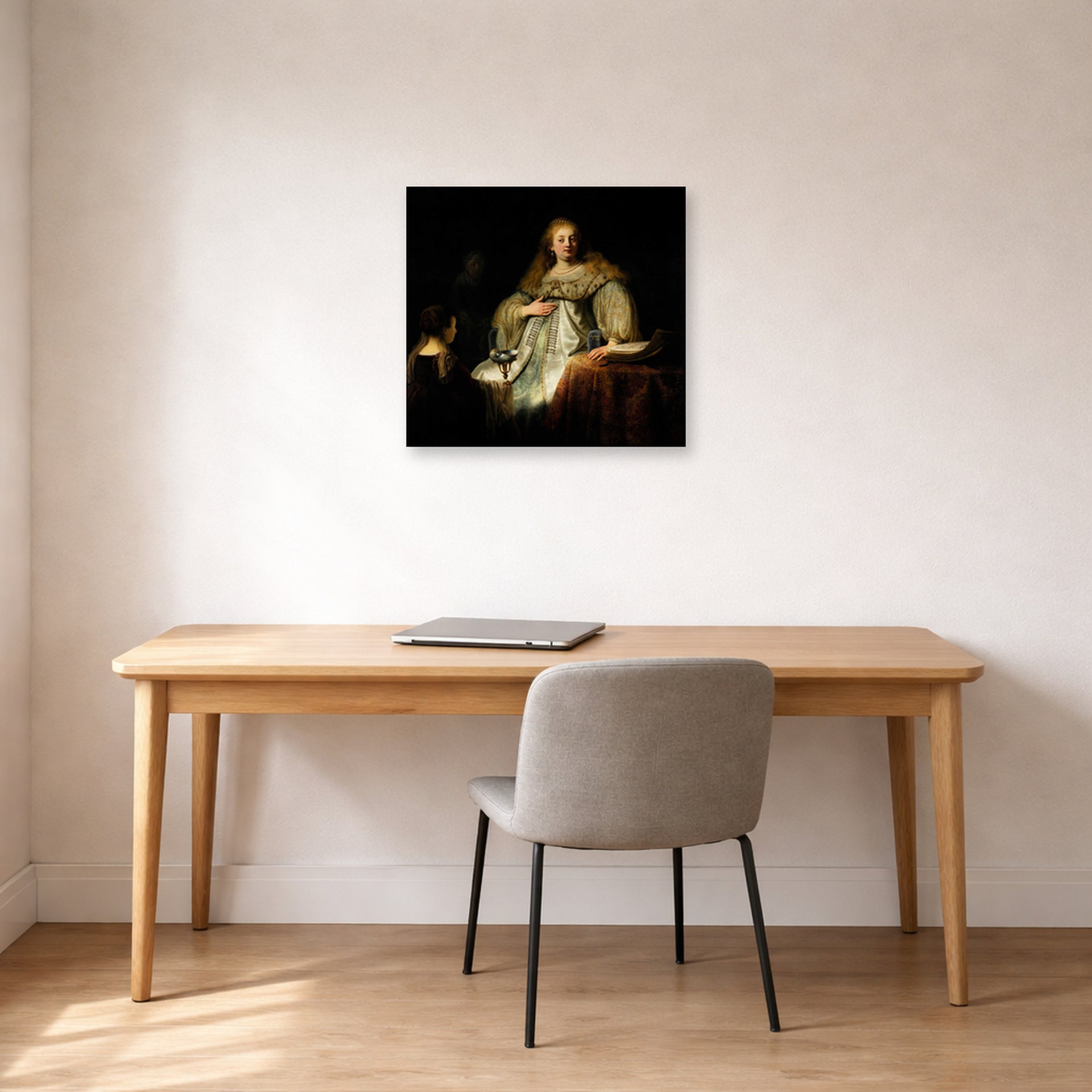 Unframed poster print of Rembrandt's Artemisia displayed on a wall in an office