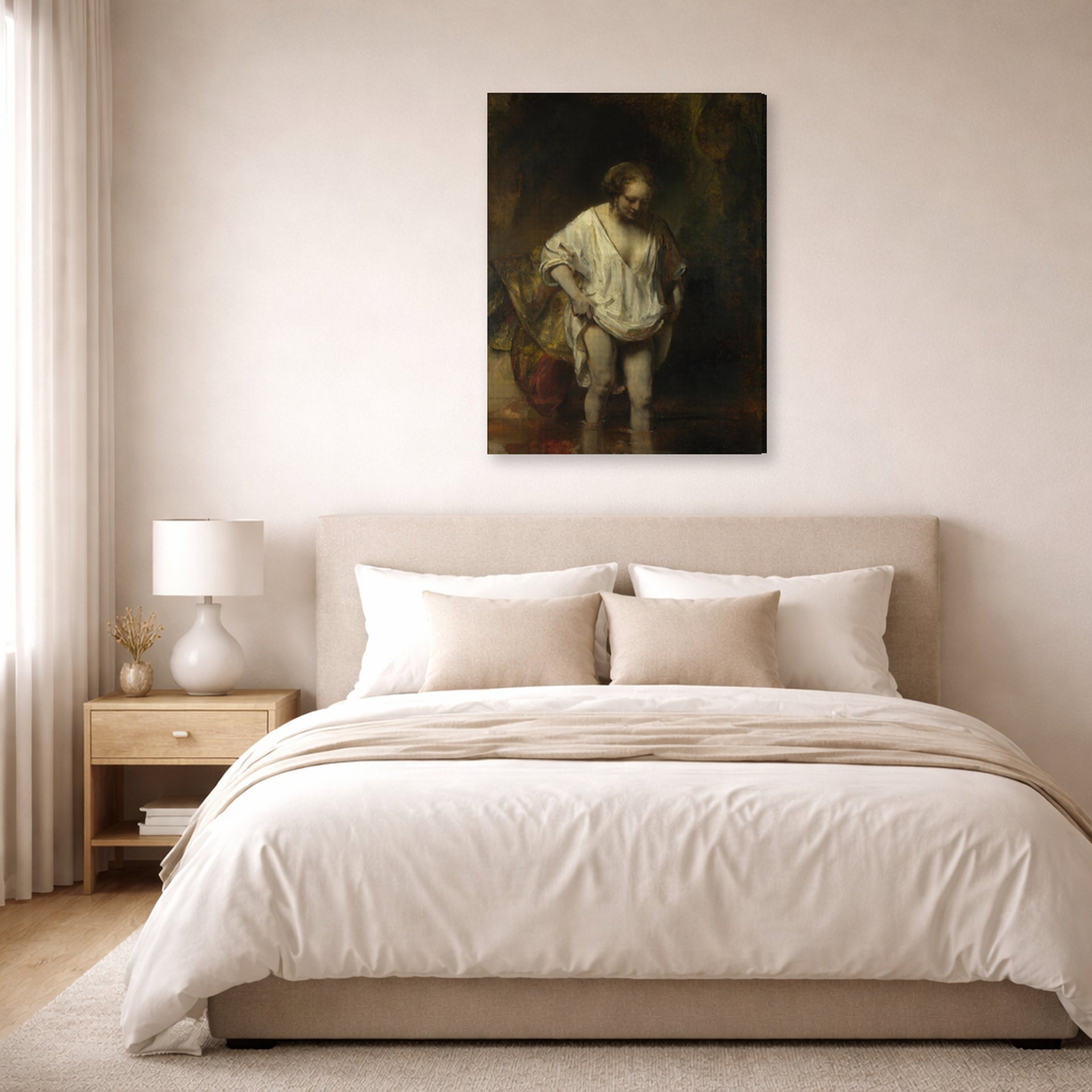 Gallery-wrapped canvas print of Rembrandt's Bathing Girl displayed on a wall in a bedroom