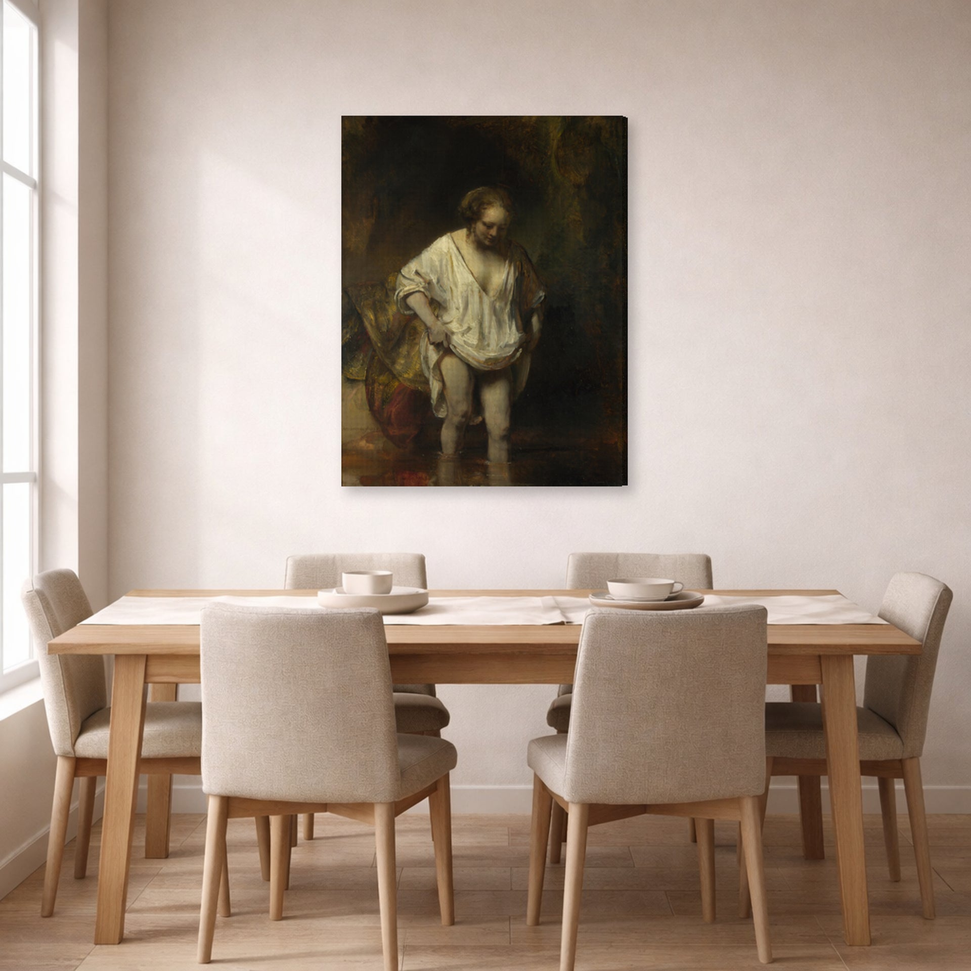 Gallery-wrapped canvas print of Rembrandt's Bathing Girl displayed on a wall in a dining room