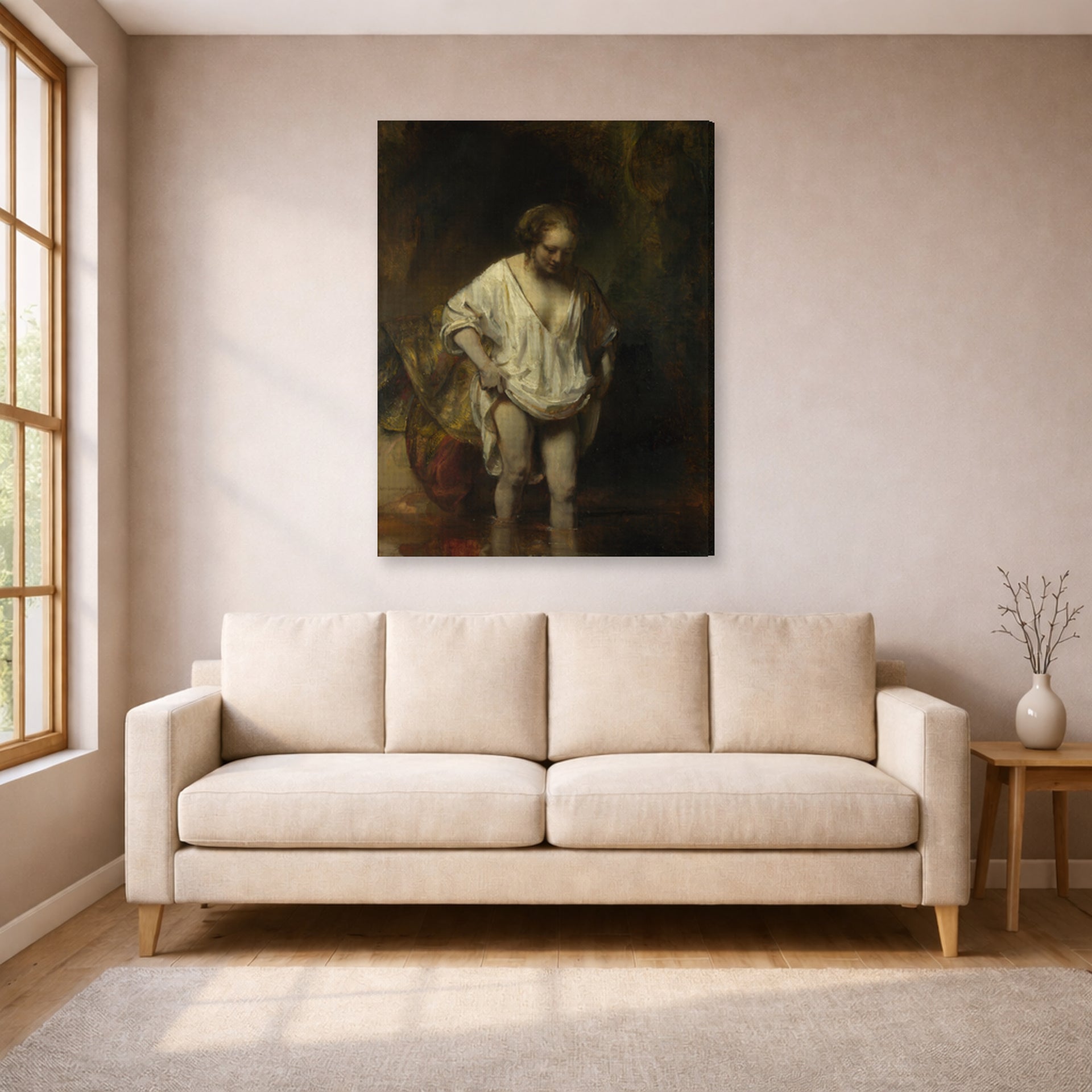 Gallery-wrapped canvas print of Rembrandt's Bathing Girl displayed on a wall in a living room