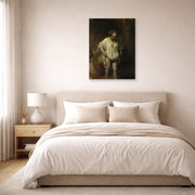 Unframed poster print of Rembrandt's Bathing Girl displayed on a wall in a bedroom