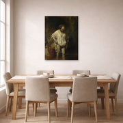 Unframed poster print of Rembrandt's Bathing Girl displayed on a wall in a dining room