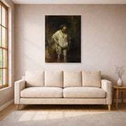 Unframed poster print of Rembrandt's Bathing Girl displayed on a wall in a living room
