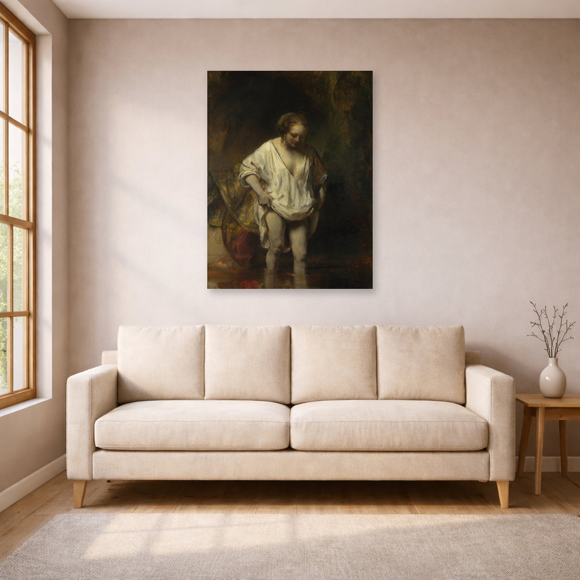 Unframed poster print of Rembrandt's Bathing Girl displayed on a wall in a living room