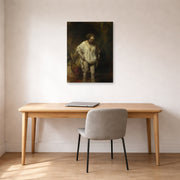Unframed poster print of Rembrandt's Bathing Girl displayed on a wall in an office