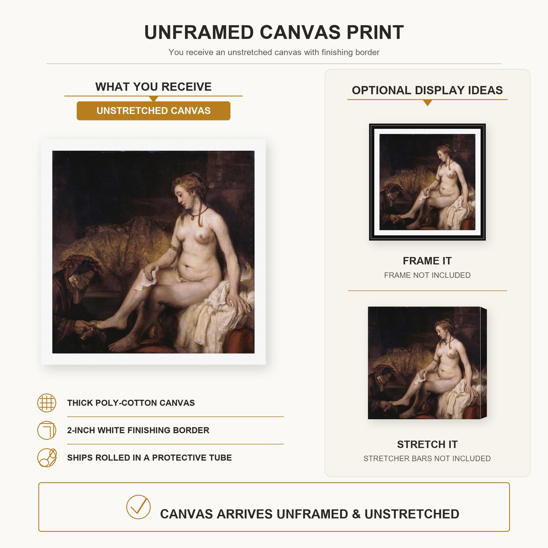 Rembrandt - Bathsheba at Her Bath canvas print size comparison and framing display infographic