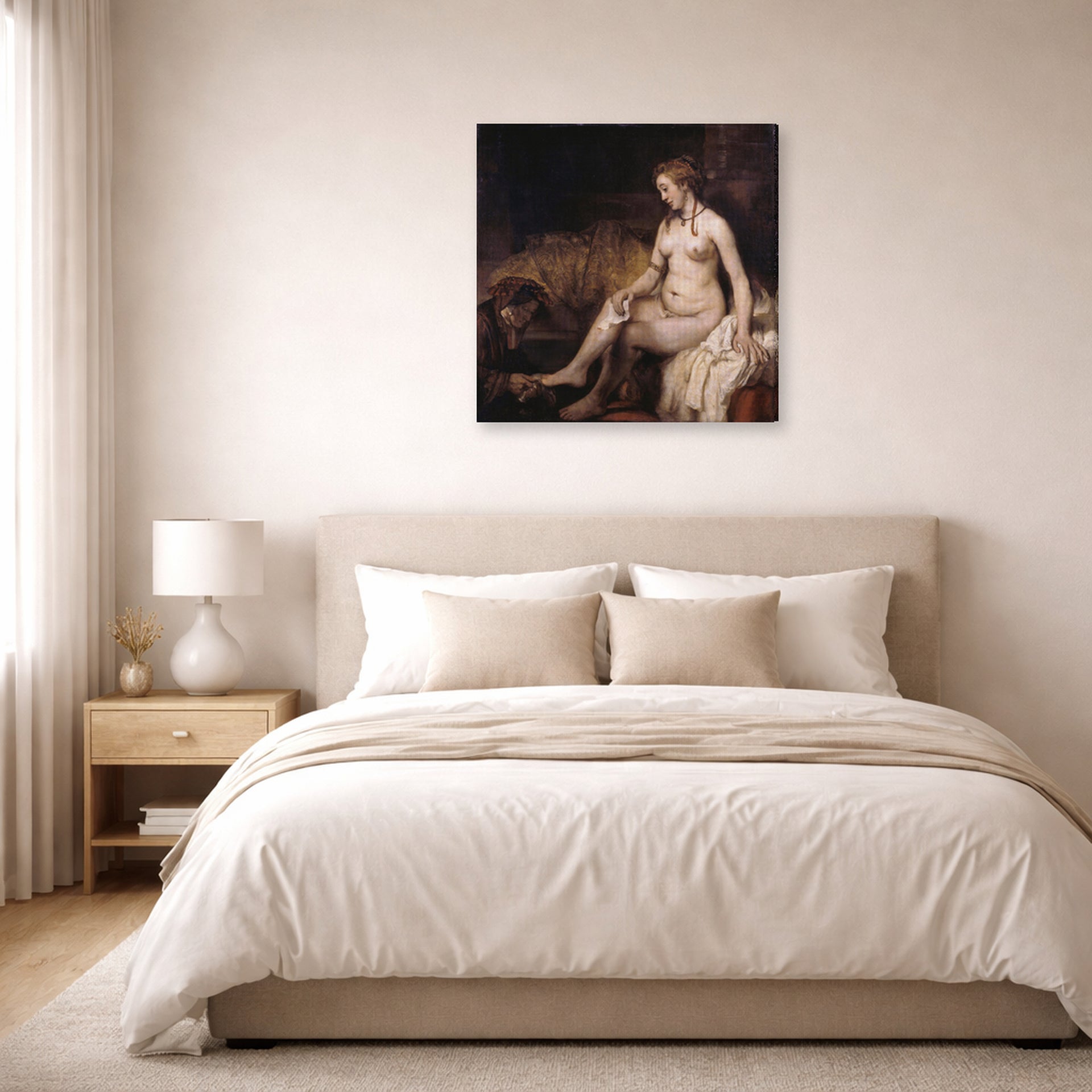 Gallery-wrapped canvas print of Rembrandt's Bathsheba at Her Bath displayed on a wall in a bedroom