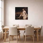 Gallery-wrapped canvas print of Rembrandt's Bathsheba at Her Bath displayed on a wall in a dining room