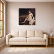 Gallery-wrapped canvas print of Rembrandt's Bathsheba at Her Bath displayed on a wall in a living room