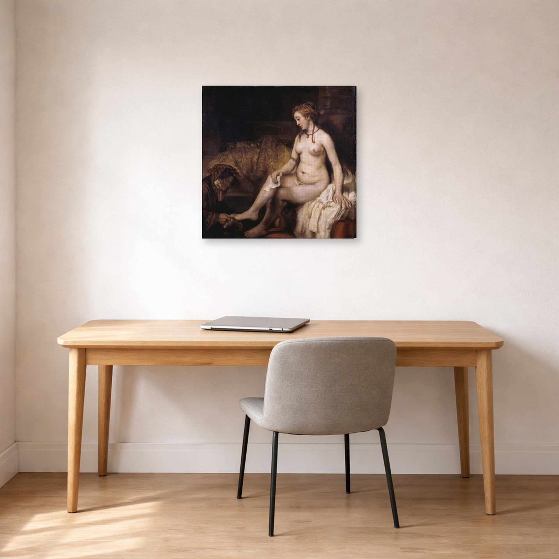Gallery-wrapped canvas print of Rembrandt's Bathsheba at Her Bath displayed on a wall in an office