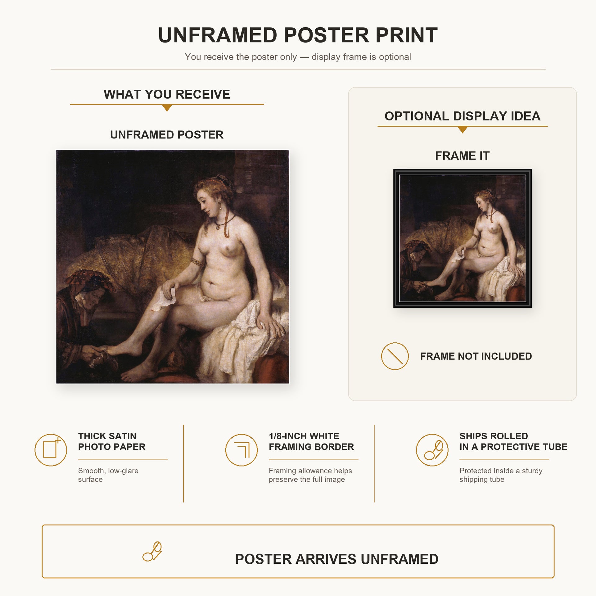 Rembrandt - Bathsheba at Her Bath poster print size comparison and framing display infographic