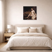Unframed poster print of Rembrandt's Bathsheba at Her Bath displayed on a wall in a bedroom
