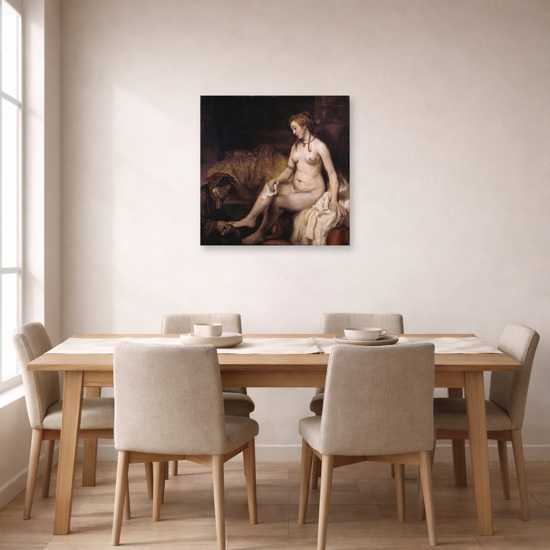 Unframed poster print of Rembrandt's Bathsheba at Her Bath displayed on a wall in a dining room