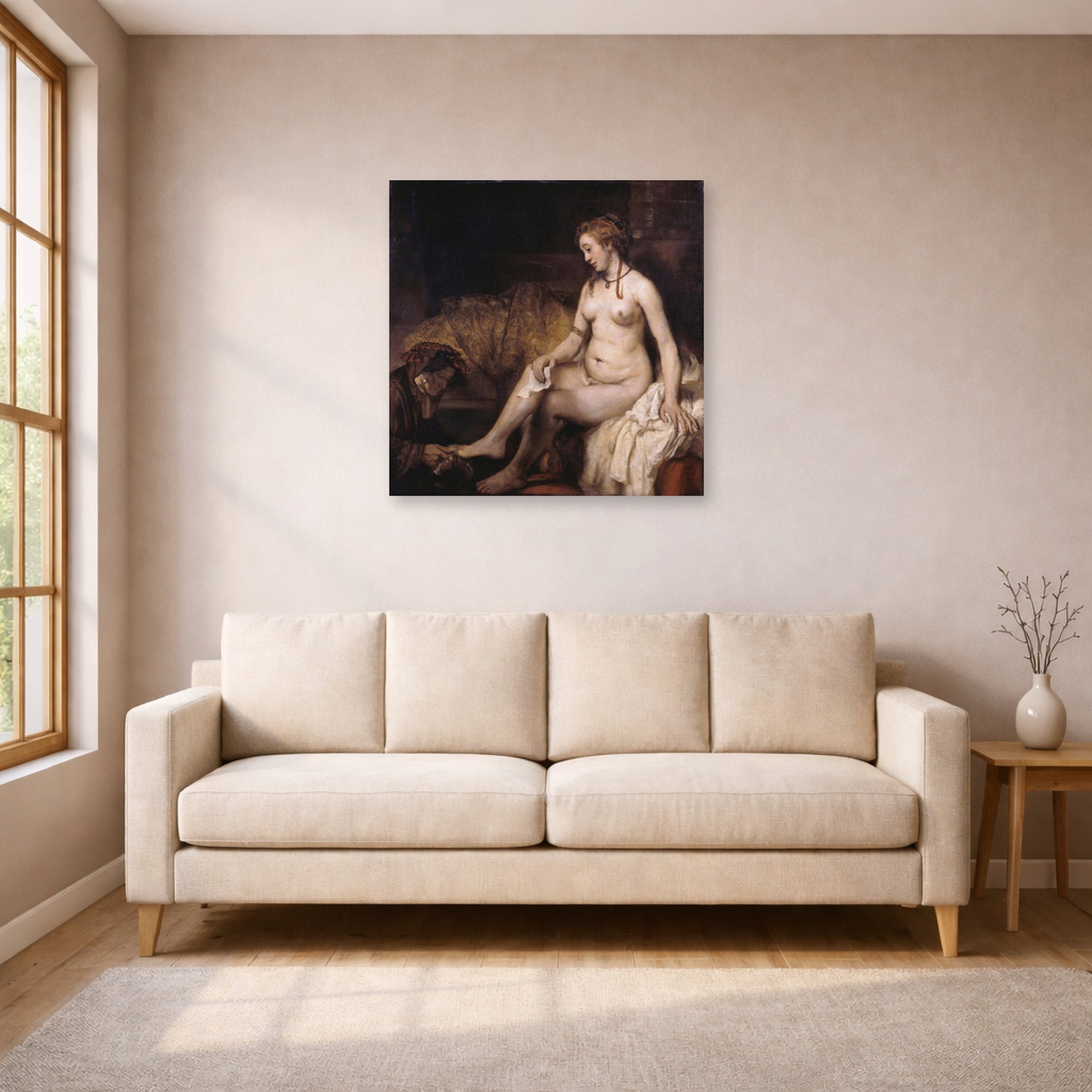 Unframed poster print of Rembrandt's Bathsheba at Her Bath displayed on a wall in a living room