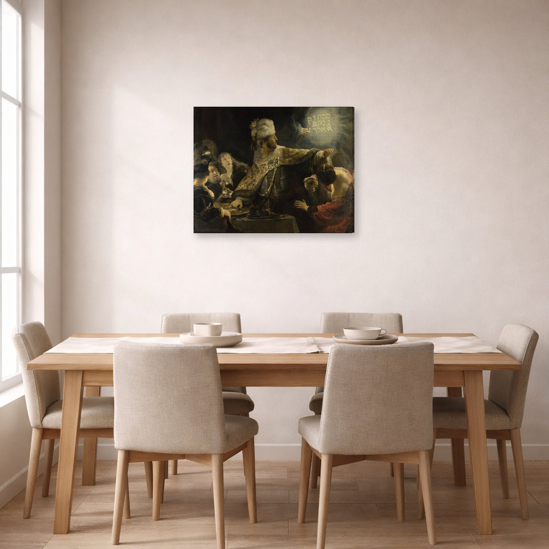 Gallery-wrapped canvas print of Rembrandt's Belshazzars Feast displayed on a wall in a dining room