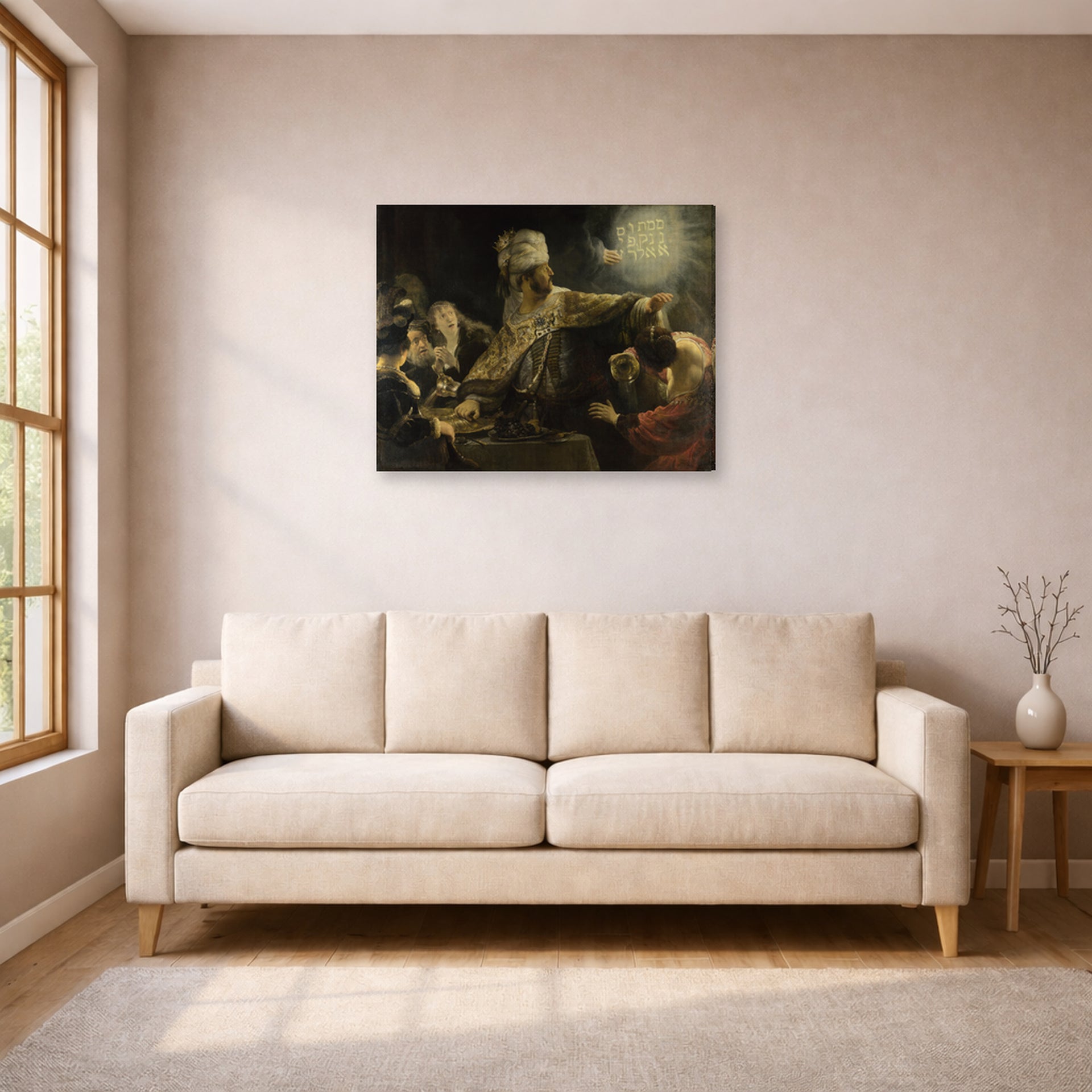 Gallery-wrapped canvas print of Rembrandt's Belshazzars Feast displayed on a wall in a living room