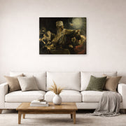 Gallery-wrapped canvas print of Rembrandt's Belshazzars Feast displayed on a wall in a living room