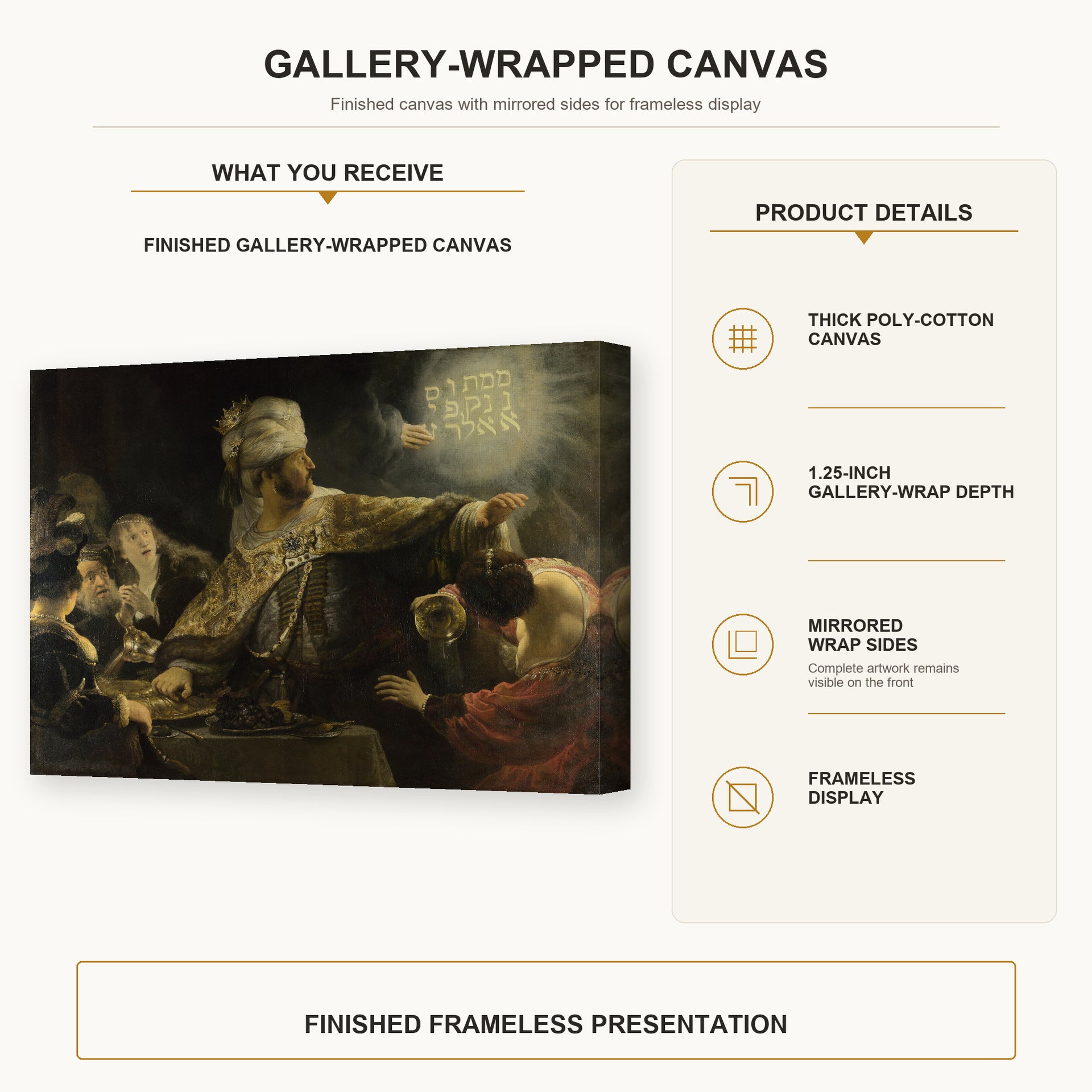 Rembrandt - Belshazzars Feast gallery wrap canvas construction and hanging details infographic