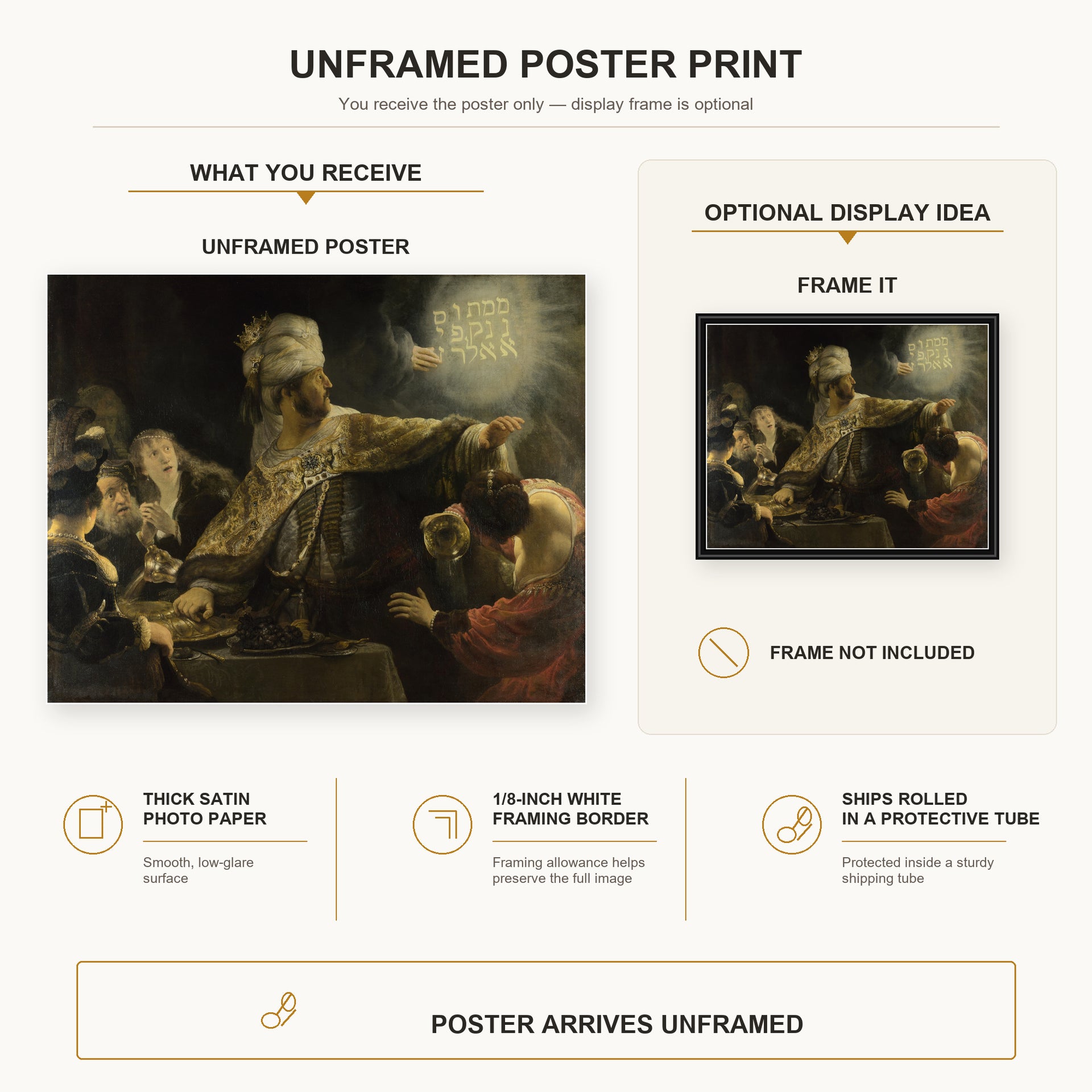 Rembrandt - Belshazzars Feast poster print size comparison and framing display infographic