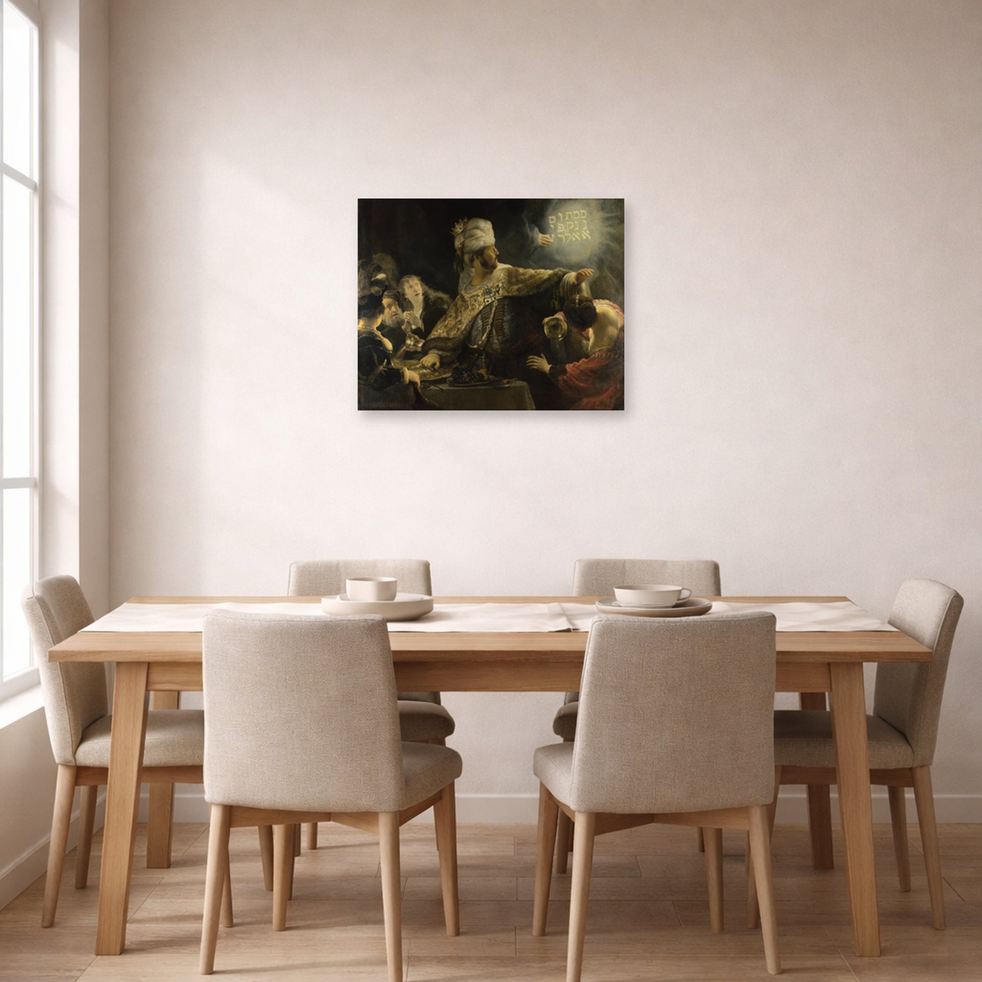 Unframed poster print of Rembrandt's Belshazzars Feast displayed on a wall in a dining room