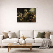 Unframed poster print of Rembrandt's Belshazzars Feast displayed on a wall in a living room