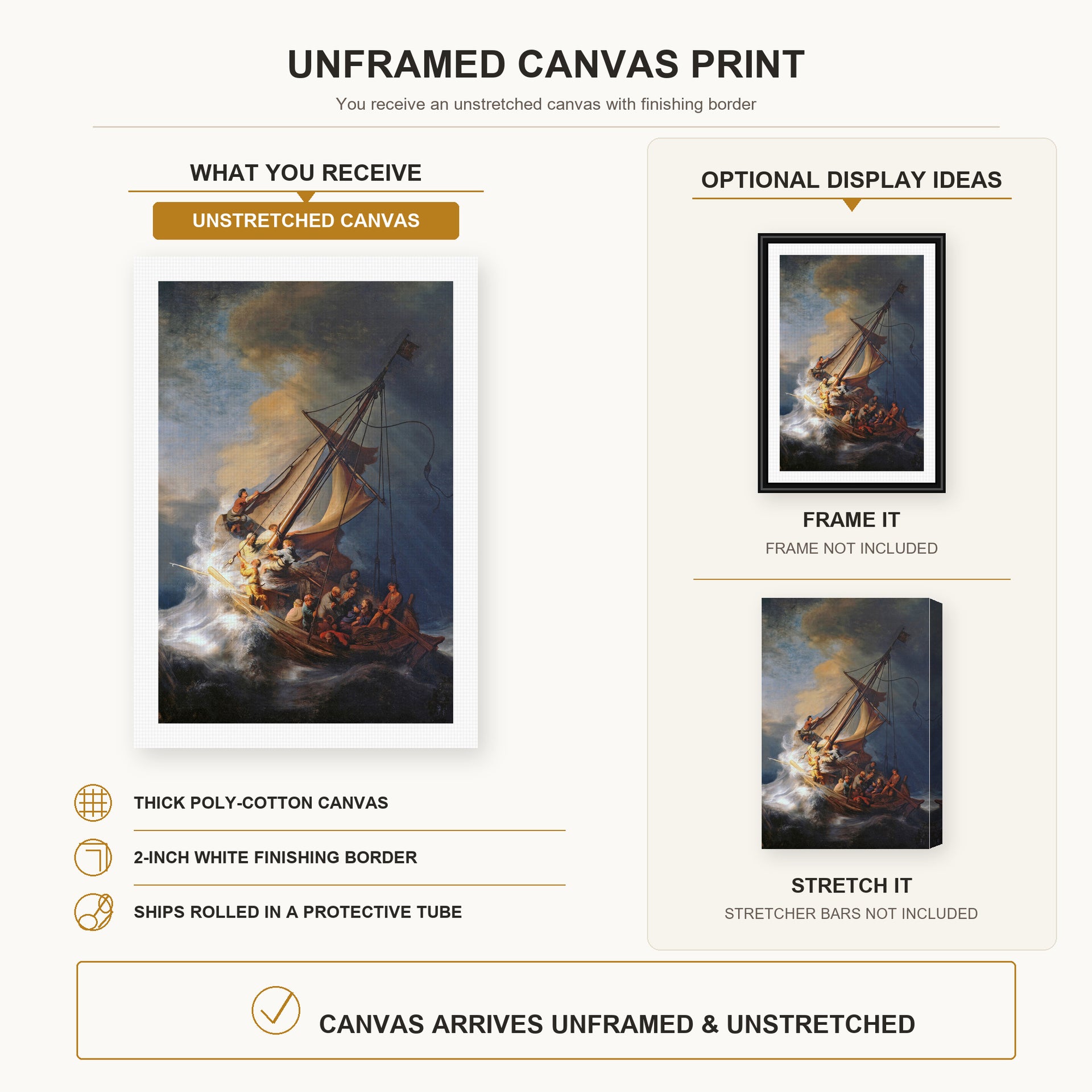 Rembrandt - Christ in the Storm on the Lake of Galilee canvas print size comparison and framing display infographic