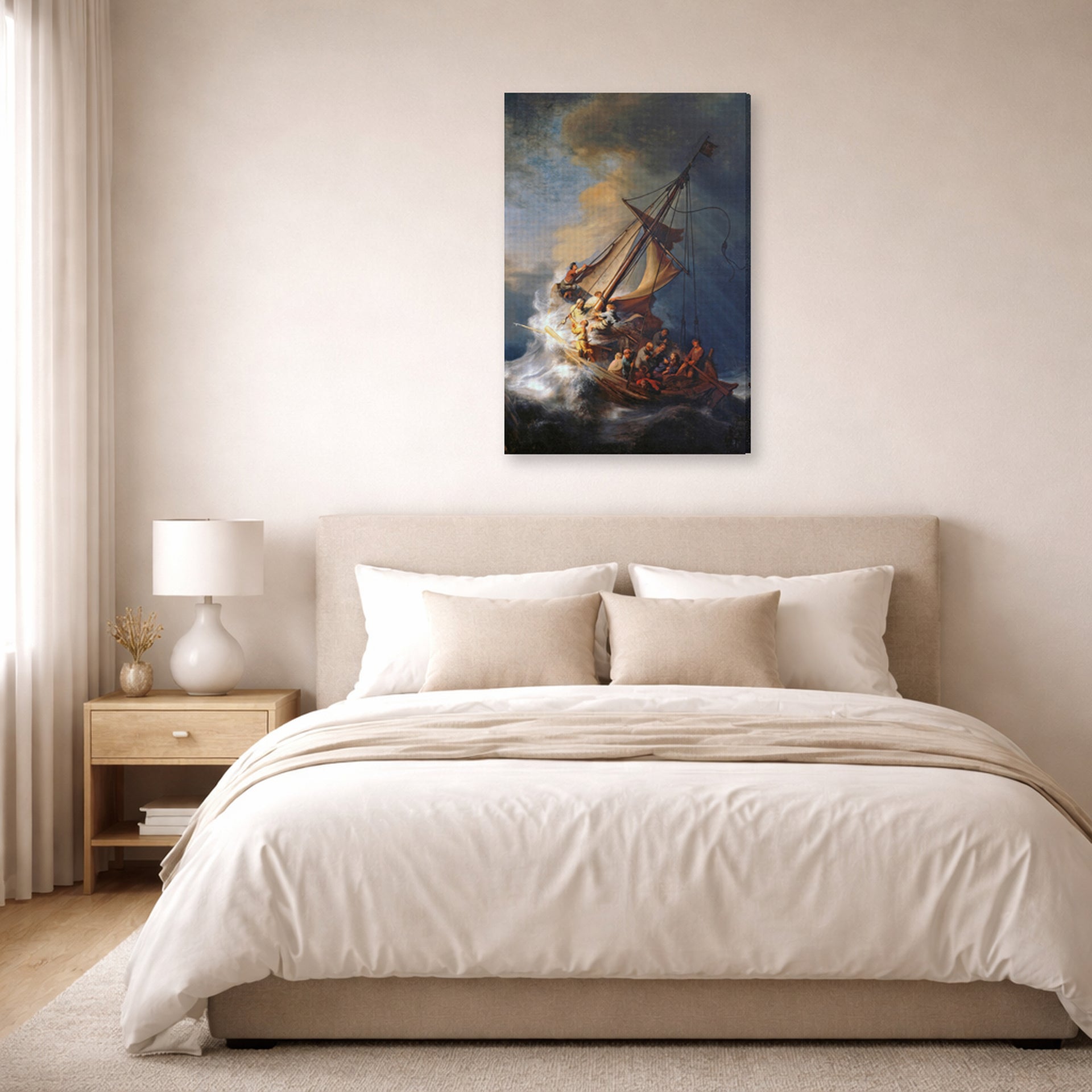 Gallery-wrapped canvas print of Rembrandt's Christ in the Storm on the Lake of Galilee displayed on a wall in a bedroom