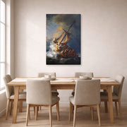 Gallery-wrapped canvas print of Rembrandt's Christ in the Storm on the Lake of Galilee displayed on a wall in a dining room