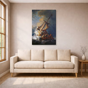 Gallery-wrapped canvas print of Rembrandt's Christ in the Storm on the Lake of Galilee displayed on a wall in a living room