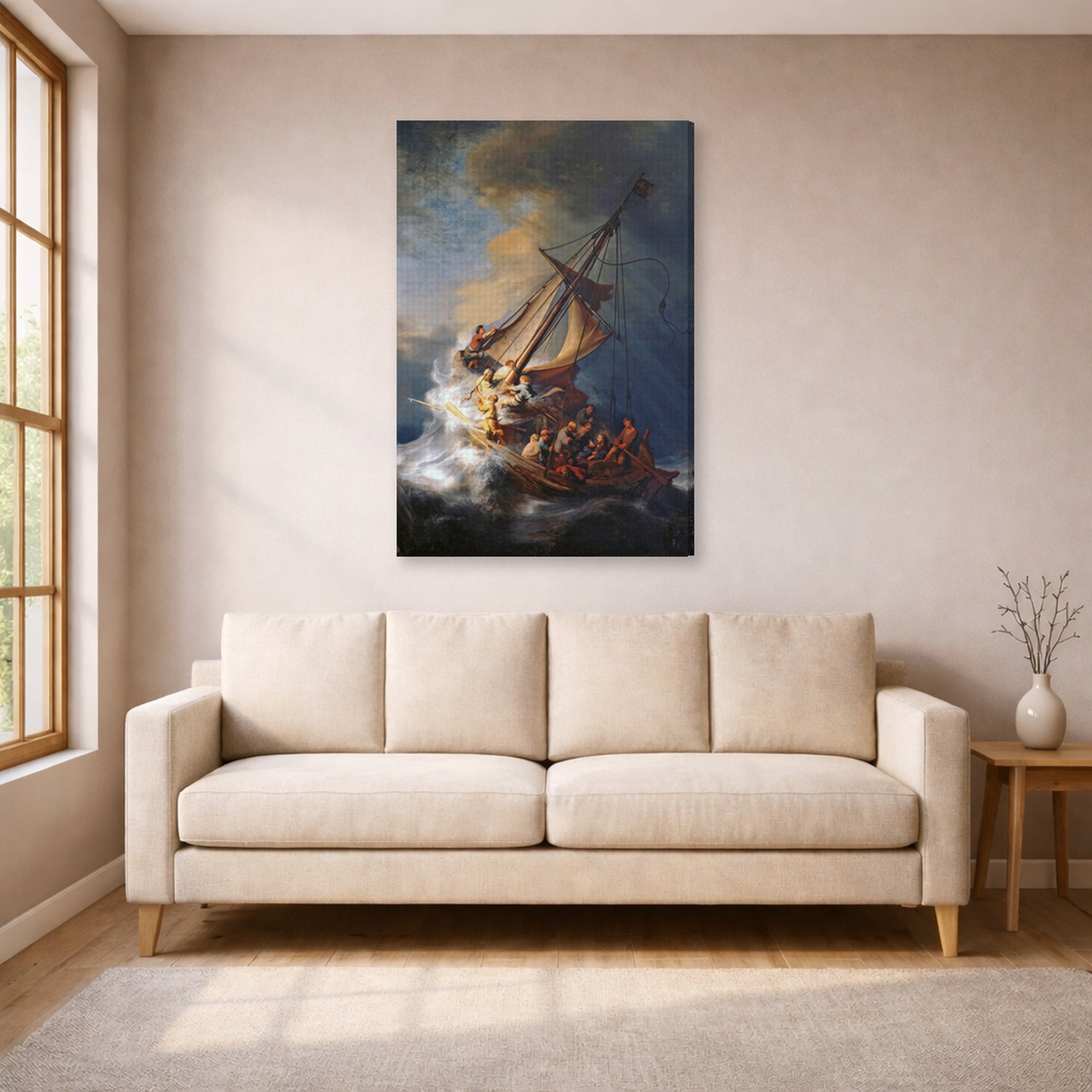 Gallery-wrapped canvas print of Rembrandt's Christ in the Storm on the Lake of Galilee displayed on a wall in a living room