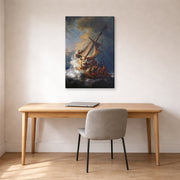 Gallery-wrapped canvas print of Rembrandt's Christ in the Storm on the Lake of Galilee displayed on a wall in an office