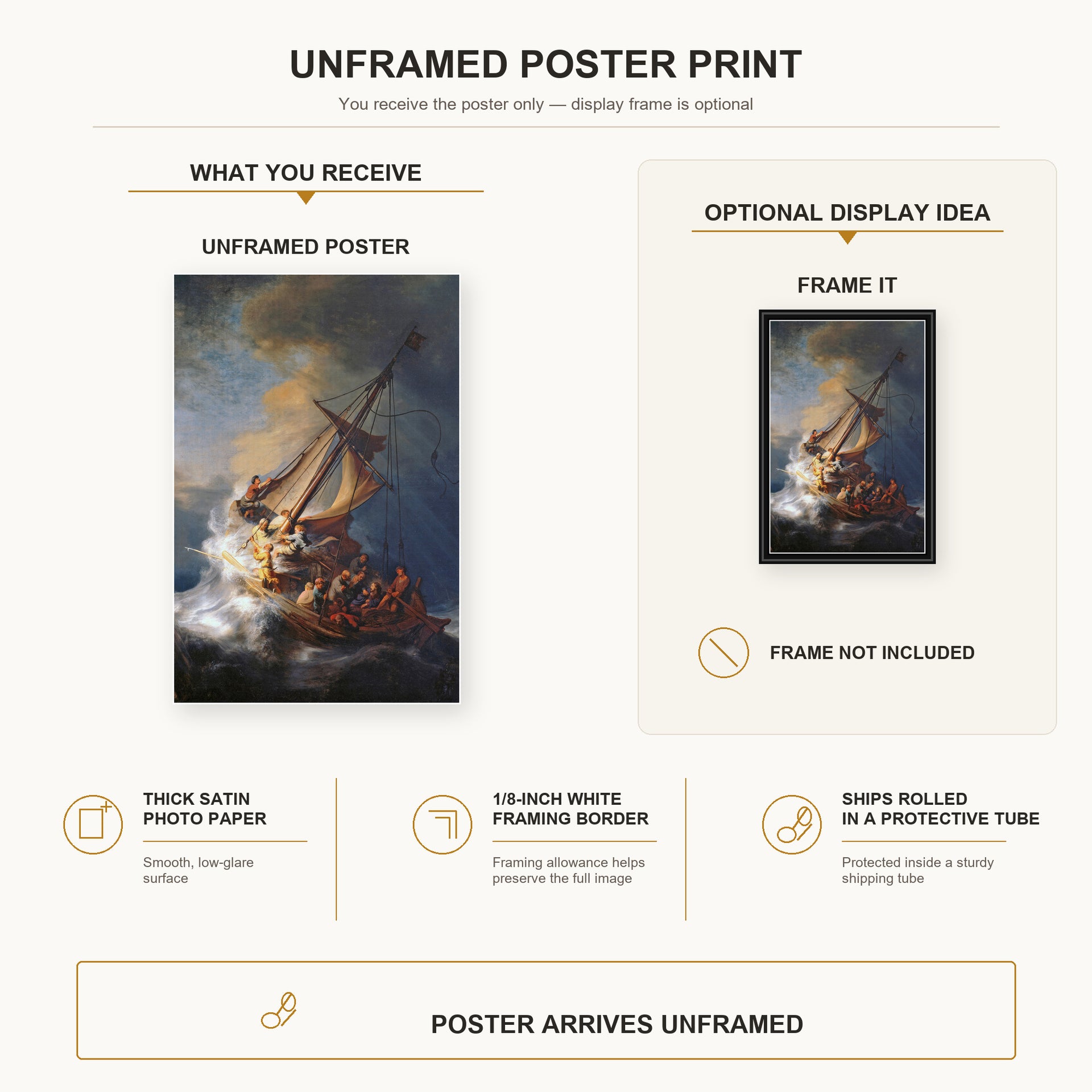 Rembrandt - Christ in the Storm on the Lake of Galilee poster print size comparison and framing display infographic