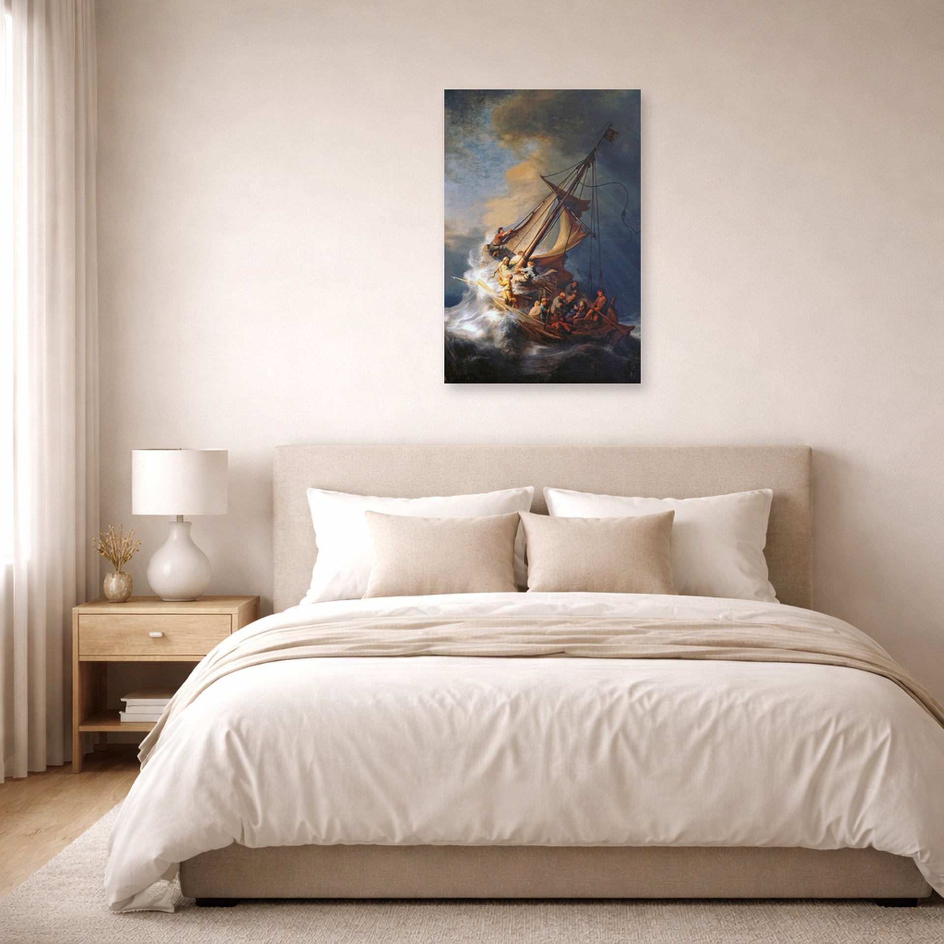 Unframed poster print of Rembrandt's Christ in the Storm on the Lake of Galilee displayed on a wall in a bedroom