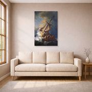 Unframed poster print of Rembrandt's Christ in the Storm on the Lake of Galilee displayed on a wall in a living room