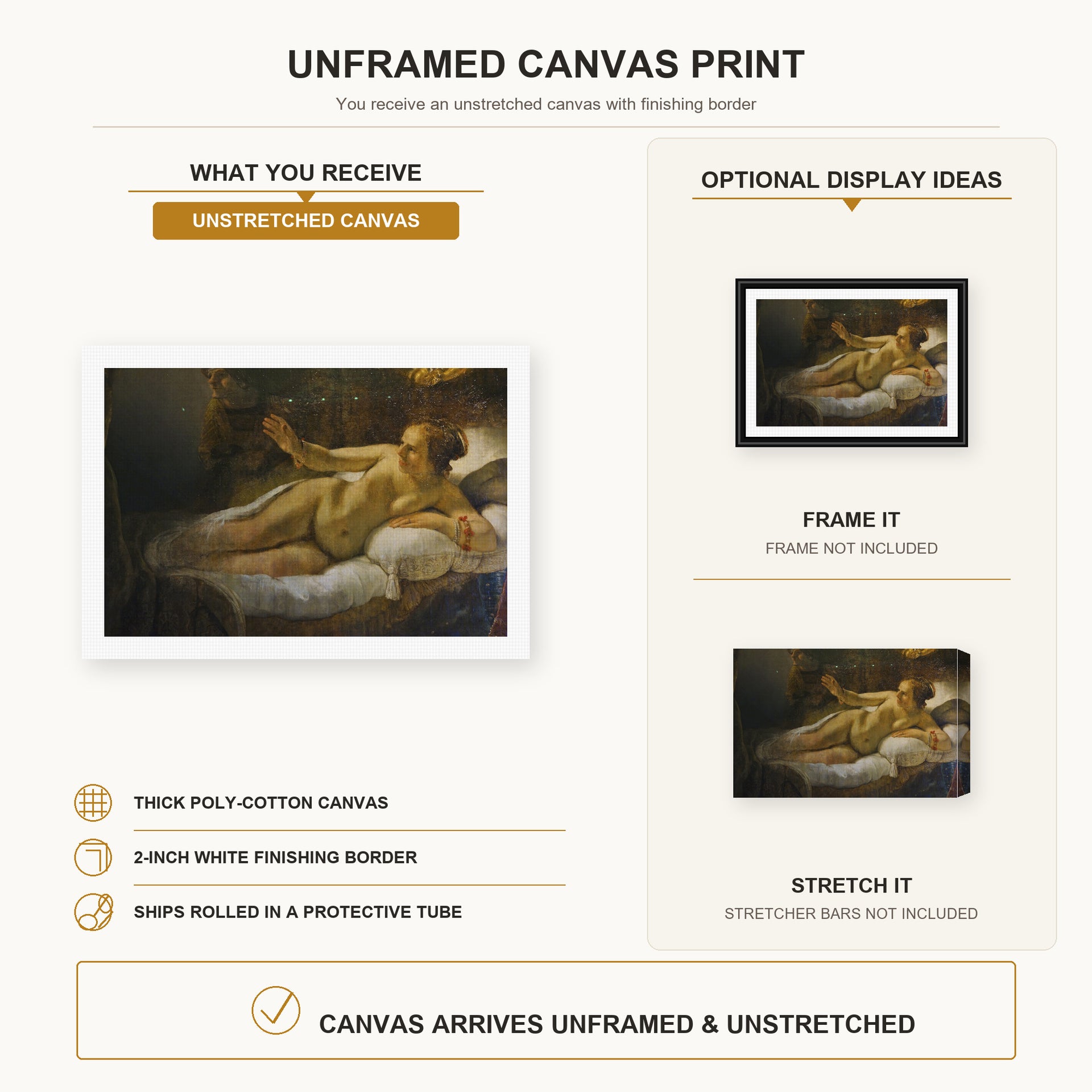 Rembrandt - Danaë canvas print size comparison and framing display infographic