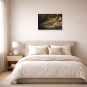 Gallery-wrapped canvas print of Rembrandt's Danaë displayed on a wall in a bedroom